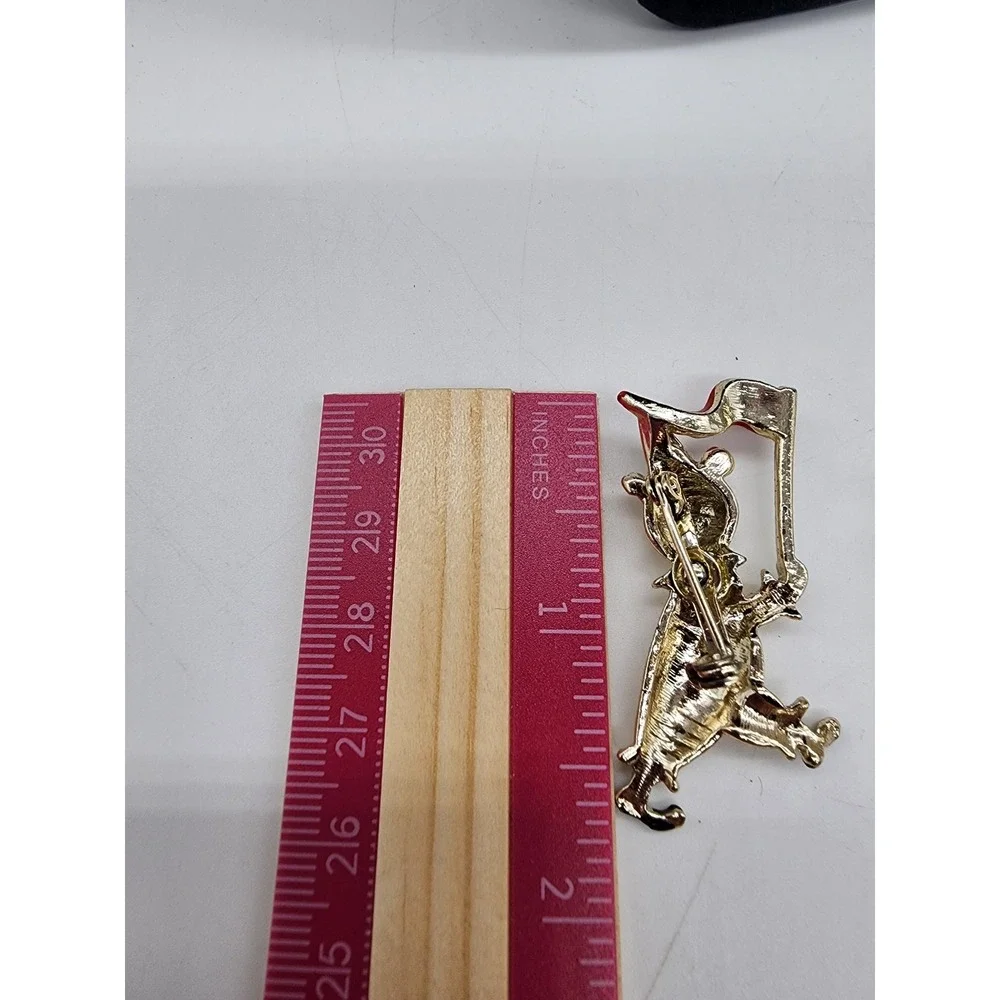 Vintage Gold Tone Circus Parade Brooch Set Bear with Flag and Musician Clown Pin